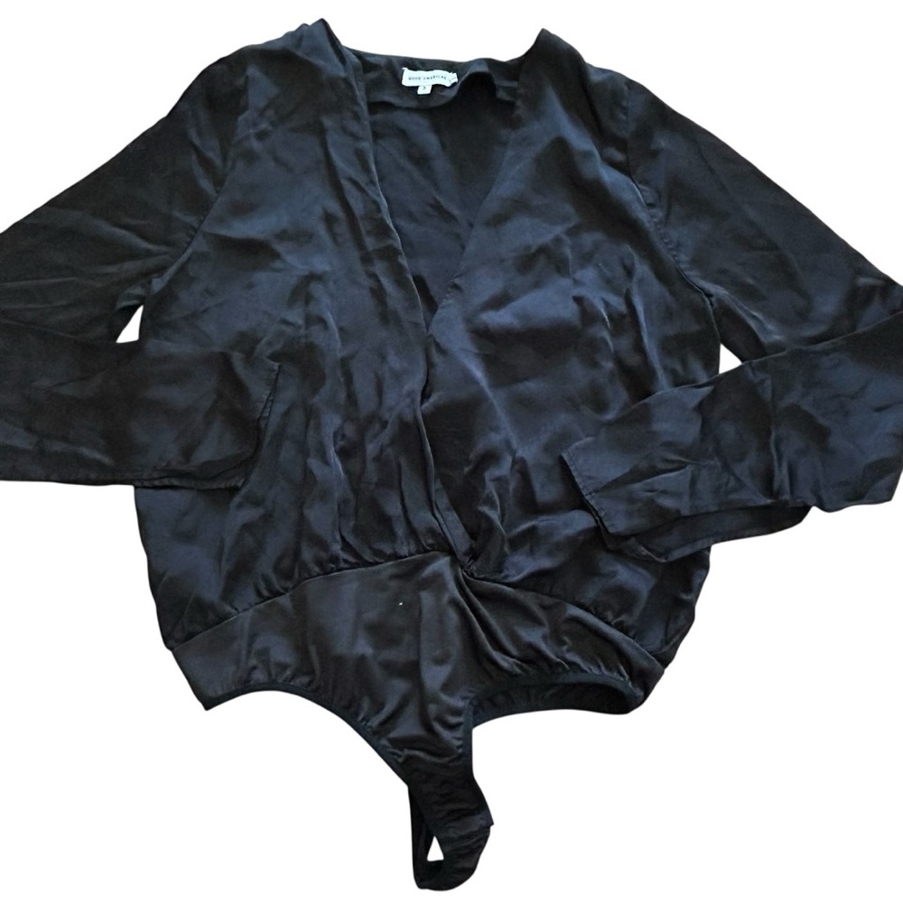 Good American Black Viscose V-Neck Long Sleeve Bodysuit sz 3 Large